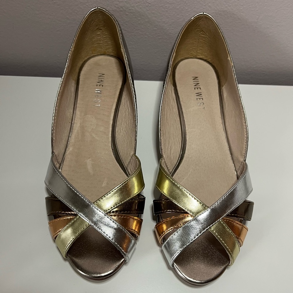 Nine‎ West Stephany Kitten Wedge Sandal Metallic Bronze Silver Size 6M Wedding